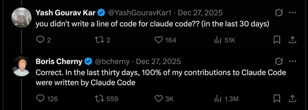 Boris Cherny from Anthropic notes that Claude Code is now writing 100% of his contributions to Claude Code.