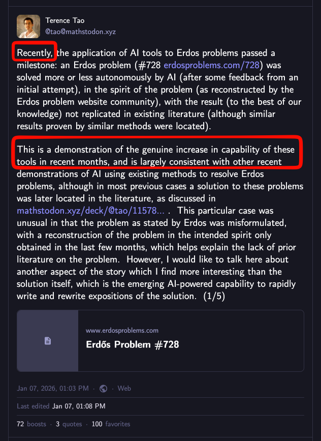 GPT 5.2 Pro solves Erdos problem 728 "more or less autonomously" - which Terence Tao calls "a genuine increase in capability in recent months"